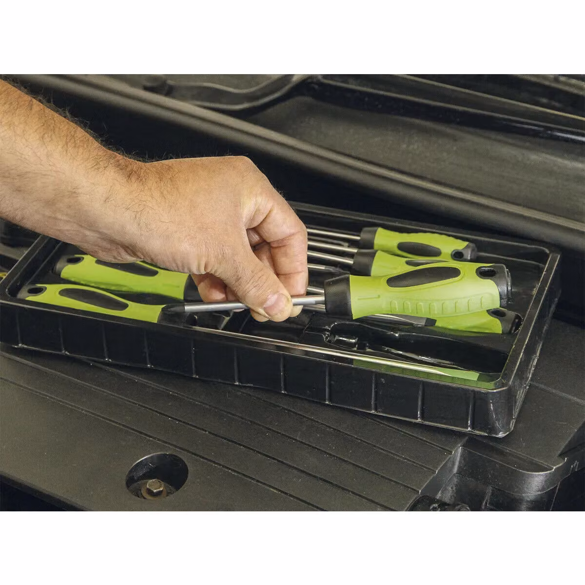 Loops 8 Pack Hi-Vis Green Screwdriver Set with Slotted, Phillips and POZI Premium Stainless Steel Drivers – 2