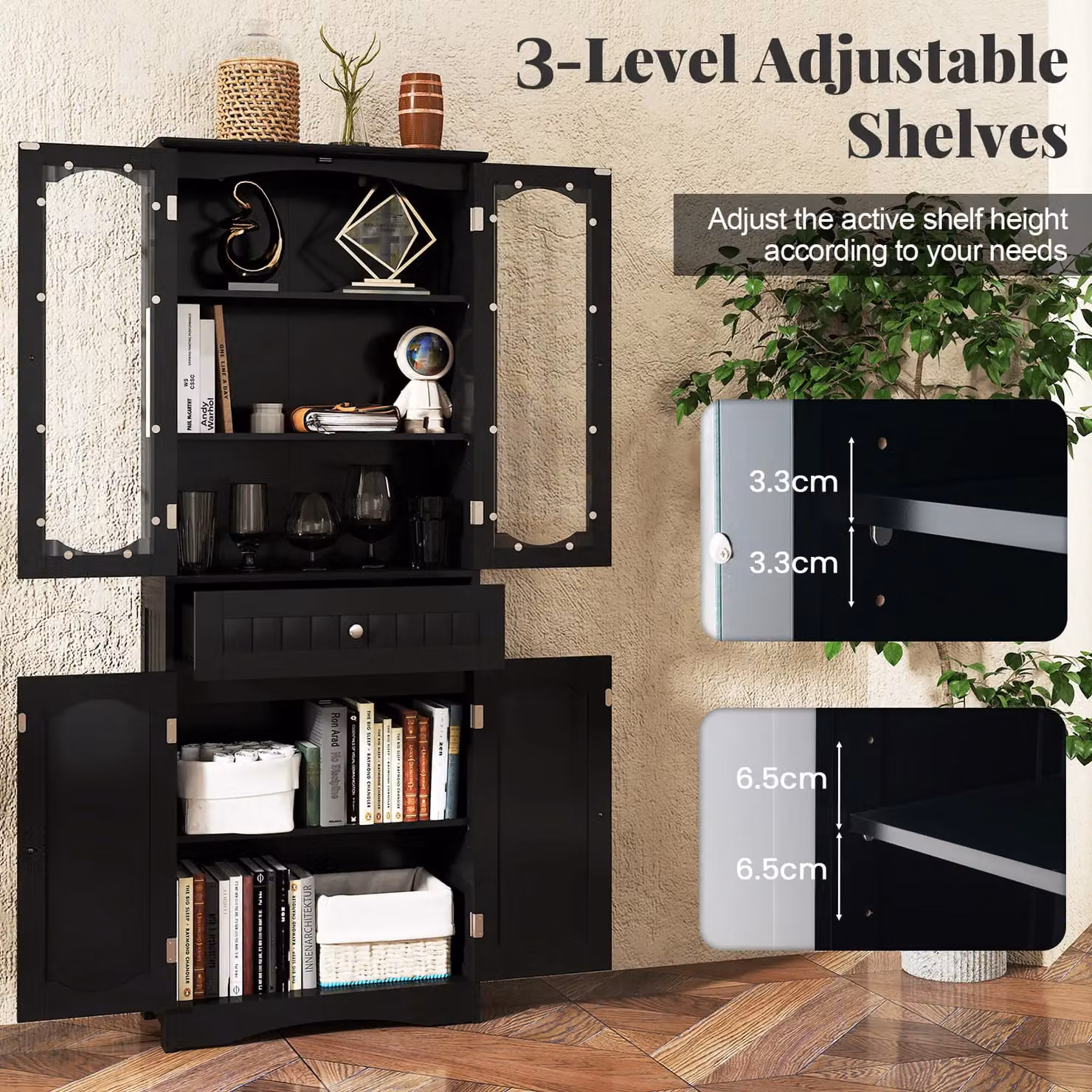 Gymax Modern Black Freestanding Bathroom Cabinet with 2 Glass Doors and Internal Shelves, Height: 160 cm – 5