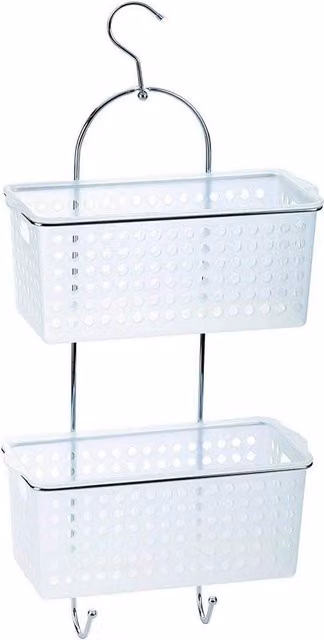 HOMION White Hanging Shower Caddy with Metal Frame and Plastic Deep Basket and Hooks