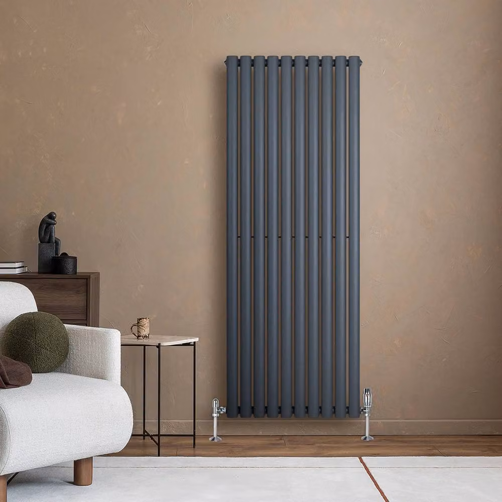 Monstershop Oval Single Column Steel Radiator with Integrated Valves and Thermostat Head, Anthracite Grey, H: 160 cm, W: 60 cm, D: 6 cm – 4