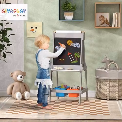 AIYAPLAY Double Sided Art Easel for Kids with Paper Roll, Chalk Board, White Board, Eraser and Storage Boxes, Multicolour – 2