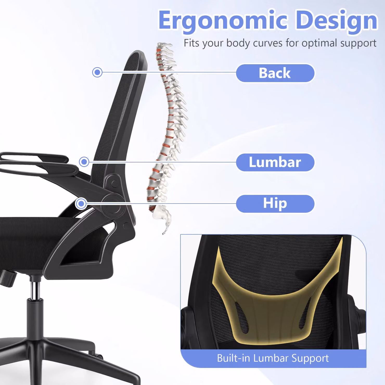 Gymax Black Fabric Swivel Mesh Office Chair with Adjustable Height and Flip-up Arms – 5