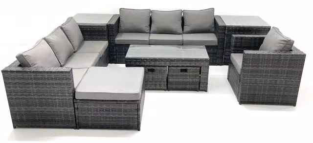 Fimous 10 Seater Rattan Garden Furniture Set in Dark Grey with Coffee Table, Armchairs, Footstools and Side Tables