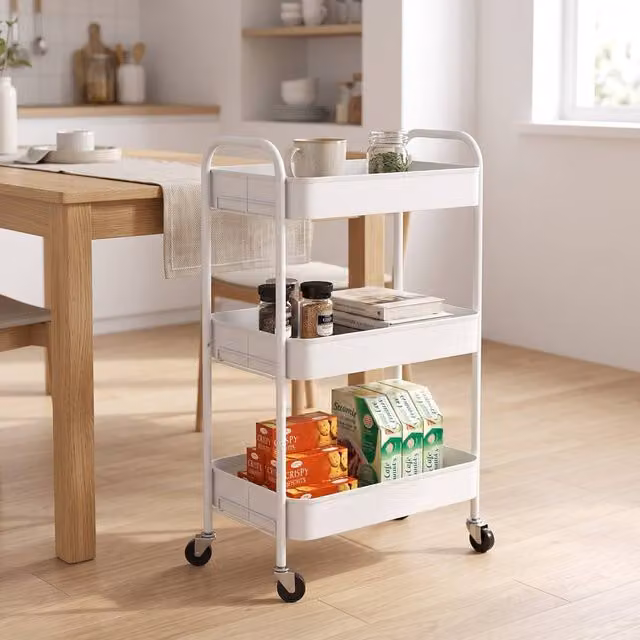 STILVORA Three-Tier Metal Storage Trolley with Wheels in Matt White