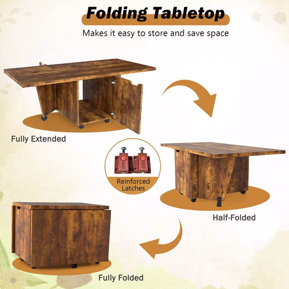 Costway Extendable Coffee Table with Storage and Castors, Walnut Brown – 6