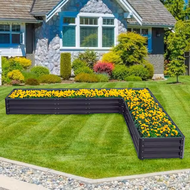 Livingandhome L-Shaped Galvanised Steel Raised Garden Bed in Black