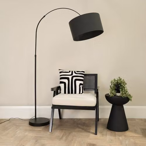 ValueLights Black Metal Arched Floor Lamp with Charcoal Grey Fabric Drum Shade and Included LED Bulb – 2