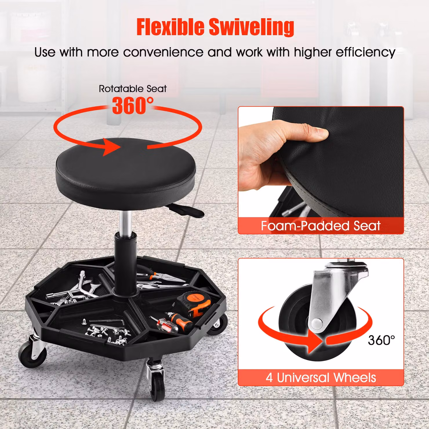 Gymax Black Pneumatic Rolling Garage Stool with Padded Seat and Tool Tray, 150 kg Capacity – 6