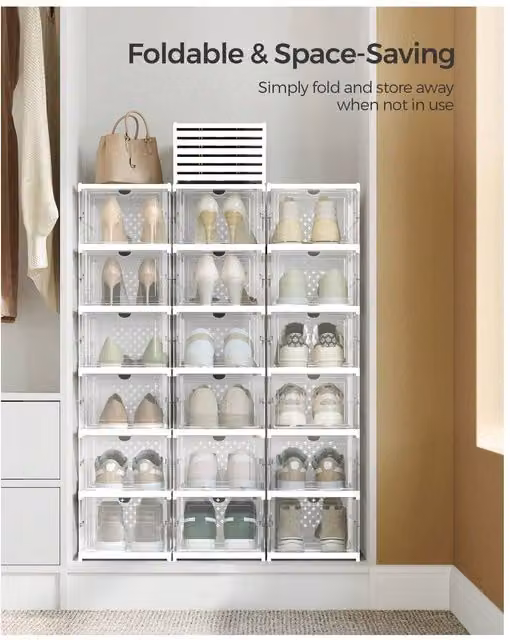 SONGMICS Set of 3 Integrated Shoe Organisers in White and Transparent