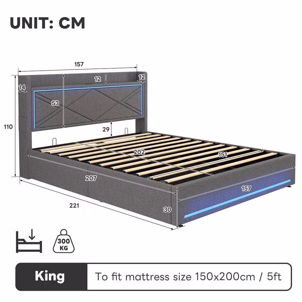 Matteo King Size Linen Upholstered Ottoman Bed Frame with Storage, LED Lighting and USB Charging Port in Grey – 5