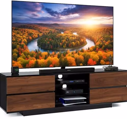 Centurion Avitus Gloss Black TV Stand with 4 Walnut Drawers and 3 Shelves for 32-65 inch LED/LCD/Plasma Screens, W/D/H: 158 x 40 x 48 cm – 1