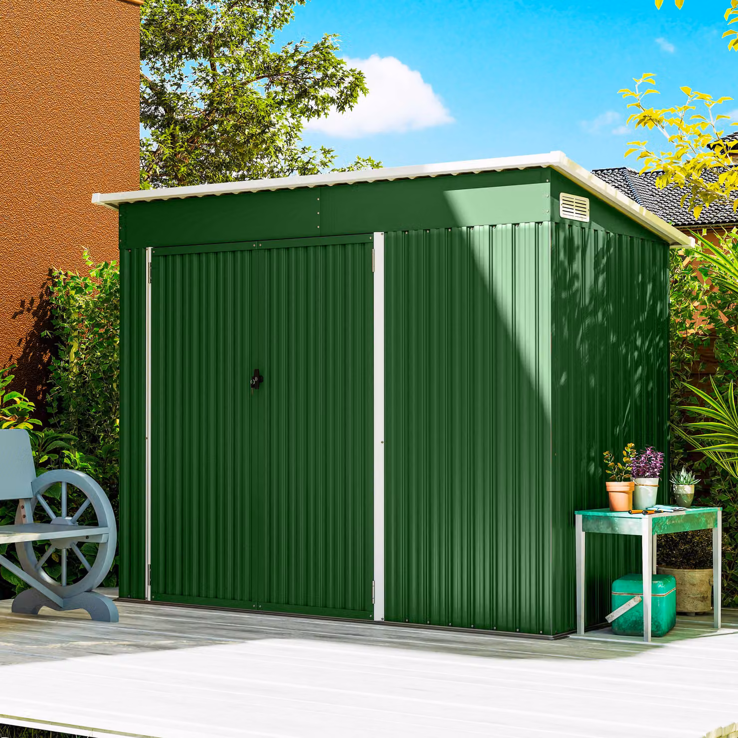 Outsunny Green Metal Garden Storage Shed with Lockable Double Doors and Side Vents, W/D/H: 228.6 x 131.07 x 185.0 cm – 9