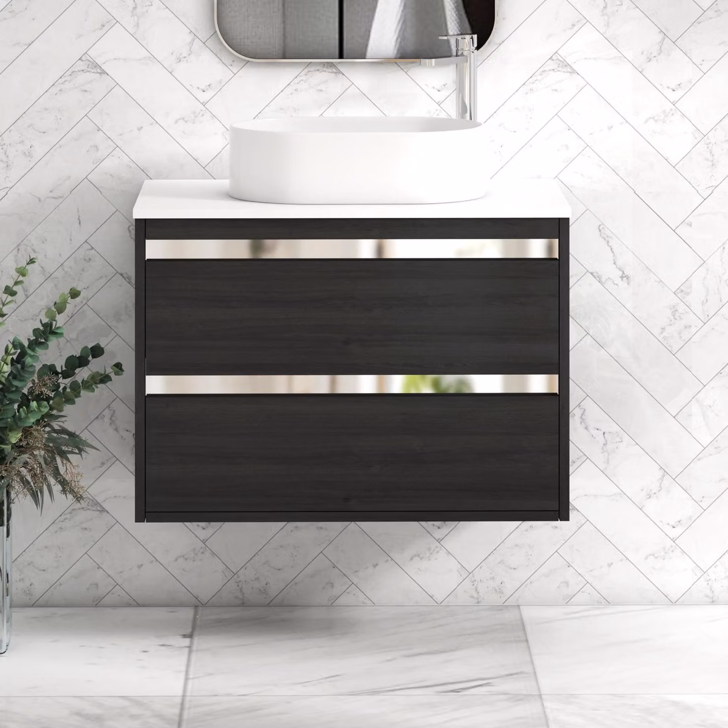 Royal Bathrooms Orion 800mm Hale Wall Hung Vanity Unit in Black and White with 2 Drawers and Peak Basin