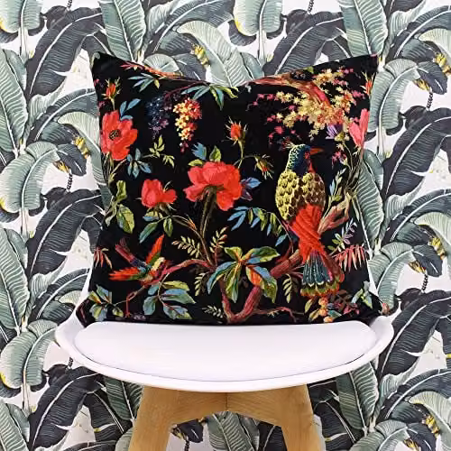 Riva Paoletti Paradise Square Cushion with Colourful Bird Print in Black Faux Velvet and Cotton, W/D/H: 50 x 50 x 50 cm – 2