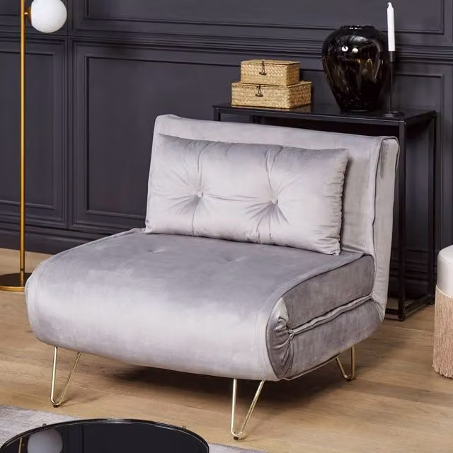 Wyld and Coco Grey Velvet Armless 1 Seater Fold Out Sofa Bed with Gold Metal Frame – 1