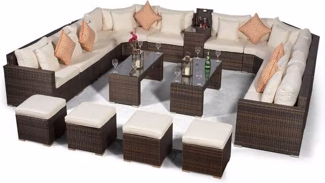 Giardino Santorini 10 Seat Brown Rattan Sofa Set with Ice Bucket, Coffee Tables and Stools