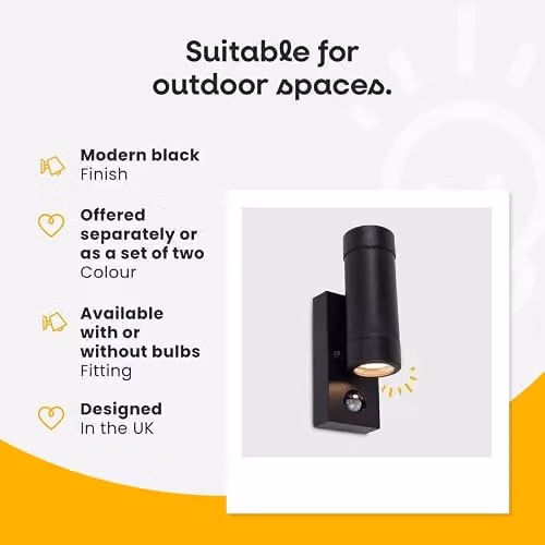 MiniSun Set of 2 Modern Black Up/Down Outdoor Wall Lights with PIR Motion Sensor and 3W Warm White LED Bulbs – 3