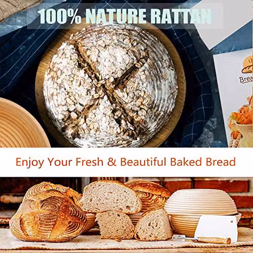 CHUSSTANG Round Sourdough Bread Proofing Basket Set in Beige with Natural Rattan Banneton, Cloth Liner, Bread Lame, Brush, Whisk, Dough Scraper and Decor Stencils, Diameter: 25 cm – 2