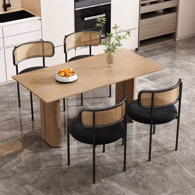 Merax Set of 4 Black Velvet and Rattan Dining Chairs with Metal Legs