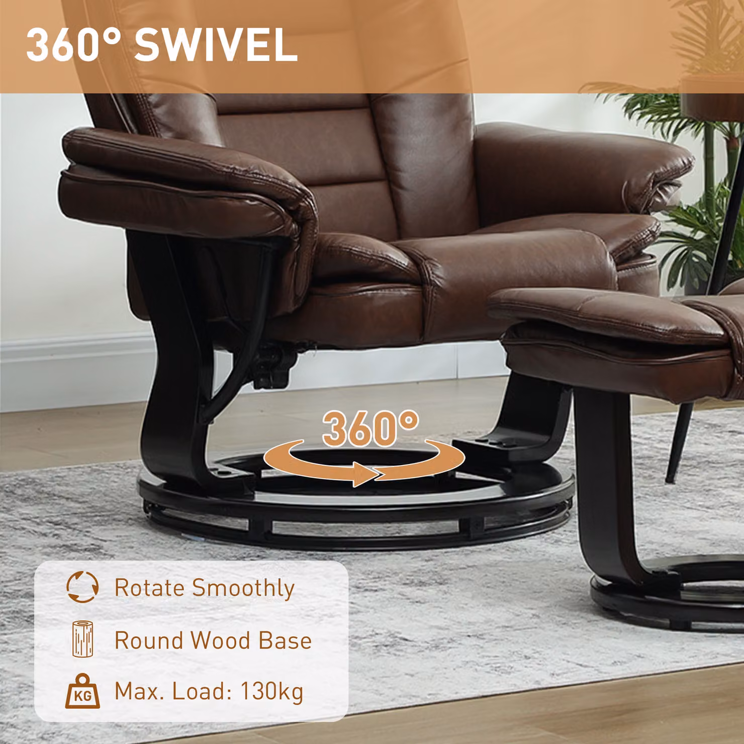 HOMCOM Faux Leather 135 Degree Reclining Chair with Matching Footstool and 360 Degree Swivel, Brown – 4