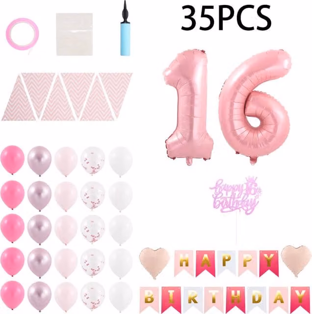 Lifeideas 35-Piece Pink 16th Birthday Balloon Decoration Set for Teenagers