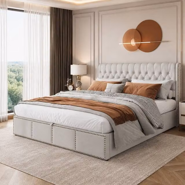 STILVORA Modern Grey Upholstered Double Bed with Lift Up Storage Base, W: 140 cm, D: 200 cm