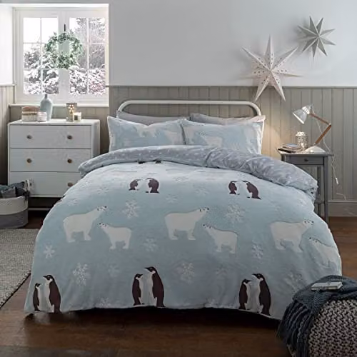 Gr8 Home Penguin and Polar Bear Glow in the Dark Reversible Fleece Duvet Cover and Pillowcase Set, Grey and Blue, W/D/H: 200 x 200 cm