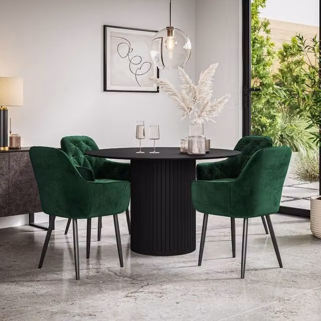 More4Homes Arlo Black Round Dining Table and Anika Green Velvet Dining Chairs Set of 4, W/D/H: 120 x 120 x 75 cm