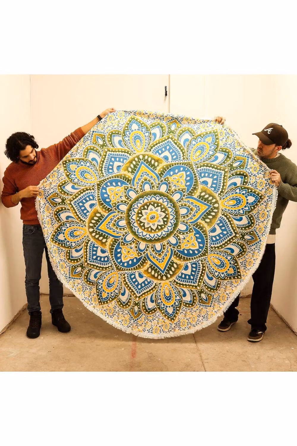 KDMD Round Mandala Cotton Wall Hanging with Fringes, Yellow, Blue and Multicolour Geometric Boho Decor, Width: 180 cm – 2