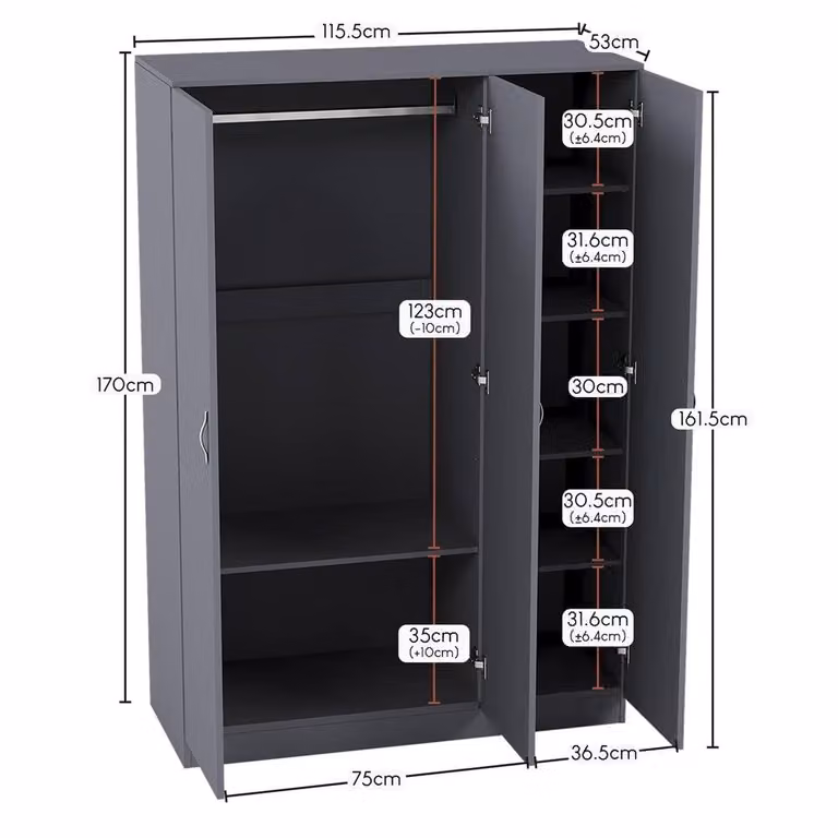 FORGEVIO Grey Modern 3 Door Wooden Wardrobe with Internal Shelves and Hanging Rod