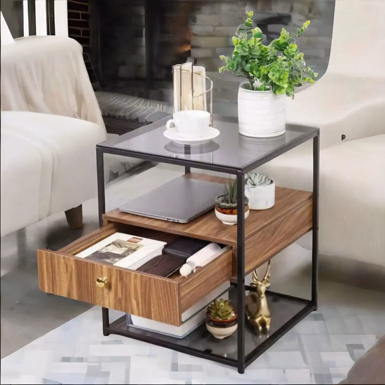 FURNOS Industrial Console Table with Thick Pine Wood Top in Brown and Black