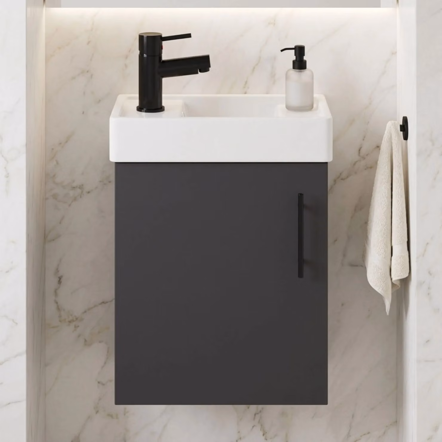 Balterley Wall Mounted Gloss Grey Vanity Basin with Matt Black Handle, Width: 40 cm – 6