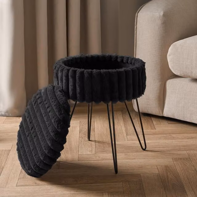 OHS Black Faux Fur Ribbed Hairpin Stool with Metal Frame