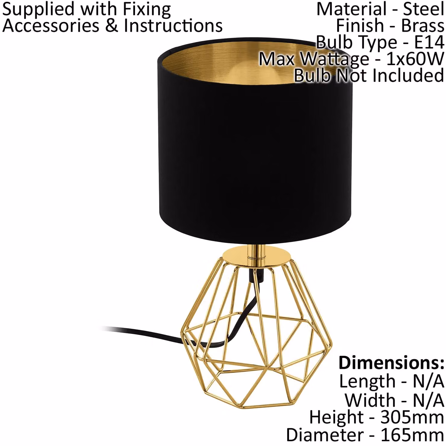 Loops 2 Pack Table Lamps in Black and Gold/Brass with Steel and Fabric Shades, E14 60W – 2
