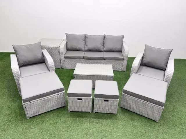 Fimous 9 Piece Outdoor Garden Furniture Set in Light Grey with 3 Seater Sofa, Lounge Armchairs, Coffee Table and Ottoman