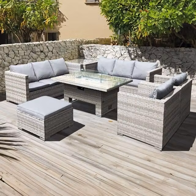 Oseasons Malta Rattan 9 Seat U-Shape Rising Firepit Garden Set in Dove Grey
