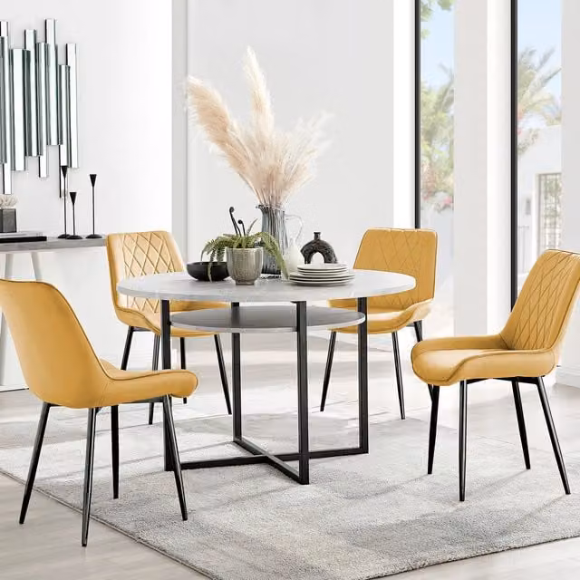 FurnitureboxUK Adley Grey Concrete Effect Round Dining Table and 4 Pesaro Black Leg Chairs in Mustard