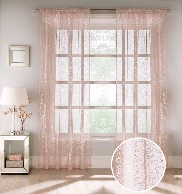 Tyrone Textiles Pair of Sheer Voile Fabric Panels with Metallic Shimmer Print in Pink and Silver, Width: 122 cm