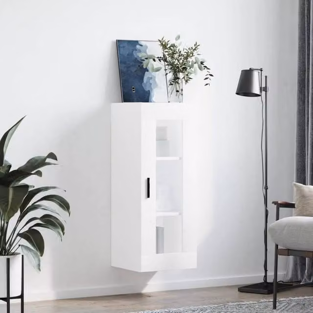 Berkfield Home Wall Mounted White Cabinet with Glass Doors, W/D/H: 34.5 x 34 x 90 cm