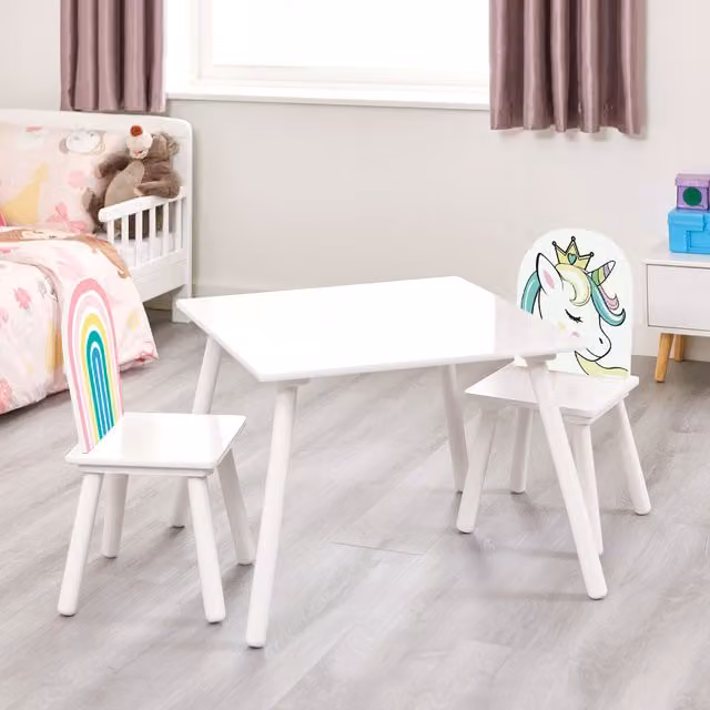 Liberty House Toys White Glossy Wooden Kids Unicorn Table and Chairs Set