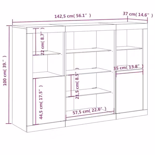 vidaXL Set of 3 Modern Grey Sonoma Sideboards with Integrated LED Lighting and Engineered Wood Construction – 3