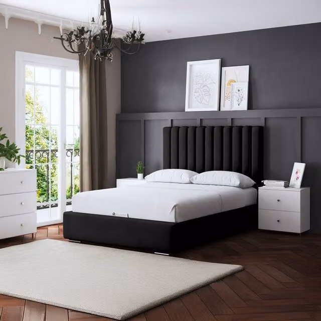 DS Living Evangeline Modern Velvet Panel Ottoman Bed with Headboard in Black, W/D/H: 90 x 200 cm