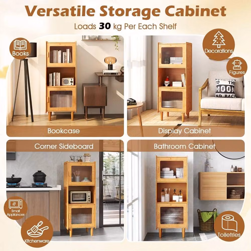VOGREX Natural Bamboo 3-Cube Freestanding Storage Cabinet with Hinged Doors and Open Shelf – 4