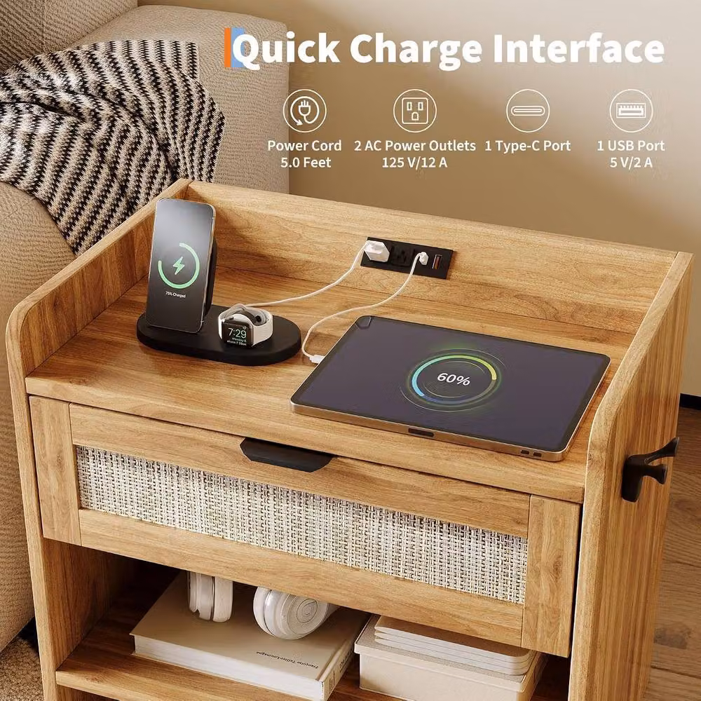London Boutique Boho Rattan Bedside Cabinet with Charging Station and Hook in Walnut Brown – 3
