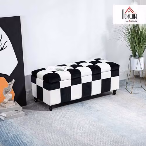 HOMCOM Velvet Storage Ottoman in White and Black, Button-Tufted Padded Footstool with Rubberwood Frame, W/D/H: 114 x 47 x 47 cm – 2