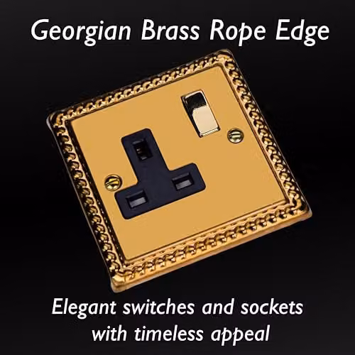 Varilight Classic Georgian Brass Single Switched UK Plug Socket with Brass and Black Insert – 3