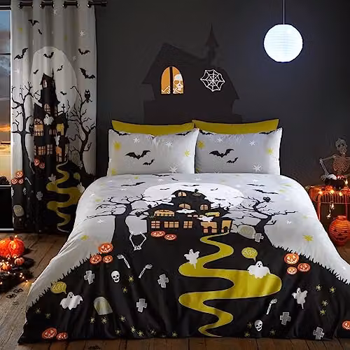 Bedlam Haunted House Glow in the Dark Halloween Duvet Cover and Pillowcase Set, Grey, W/D/H: 200 x 200 cm