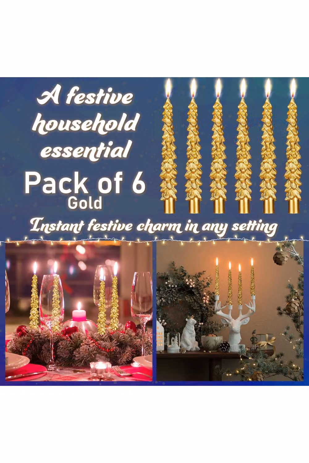 Deco Express Christmas Tree Dinner Candle Set, Gold, 6 Pieces – 8