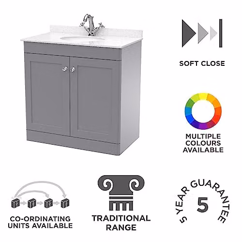 nuie Classique Traditional Bathroom Floor Standing 2 Door Unit with Marble Worktop and Round Basin, Satin Grey and White, W: 800 mm, H: 87.8 cm, D: 48.5 cm – 2