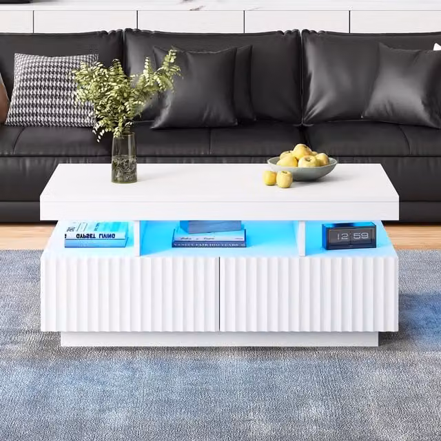 Aosom Modern White Coffee Table with App-Controlled LED, Two Ribbed Drawers and Open Display Shelf, W: 100 cm, D: 50 cm, H: 45 cm – 1